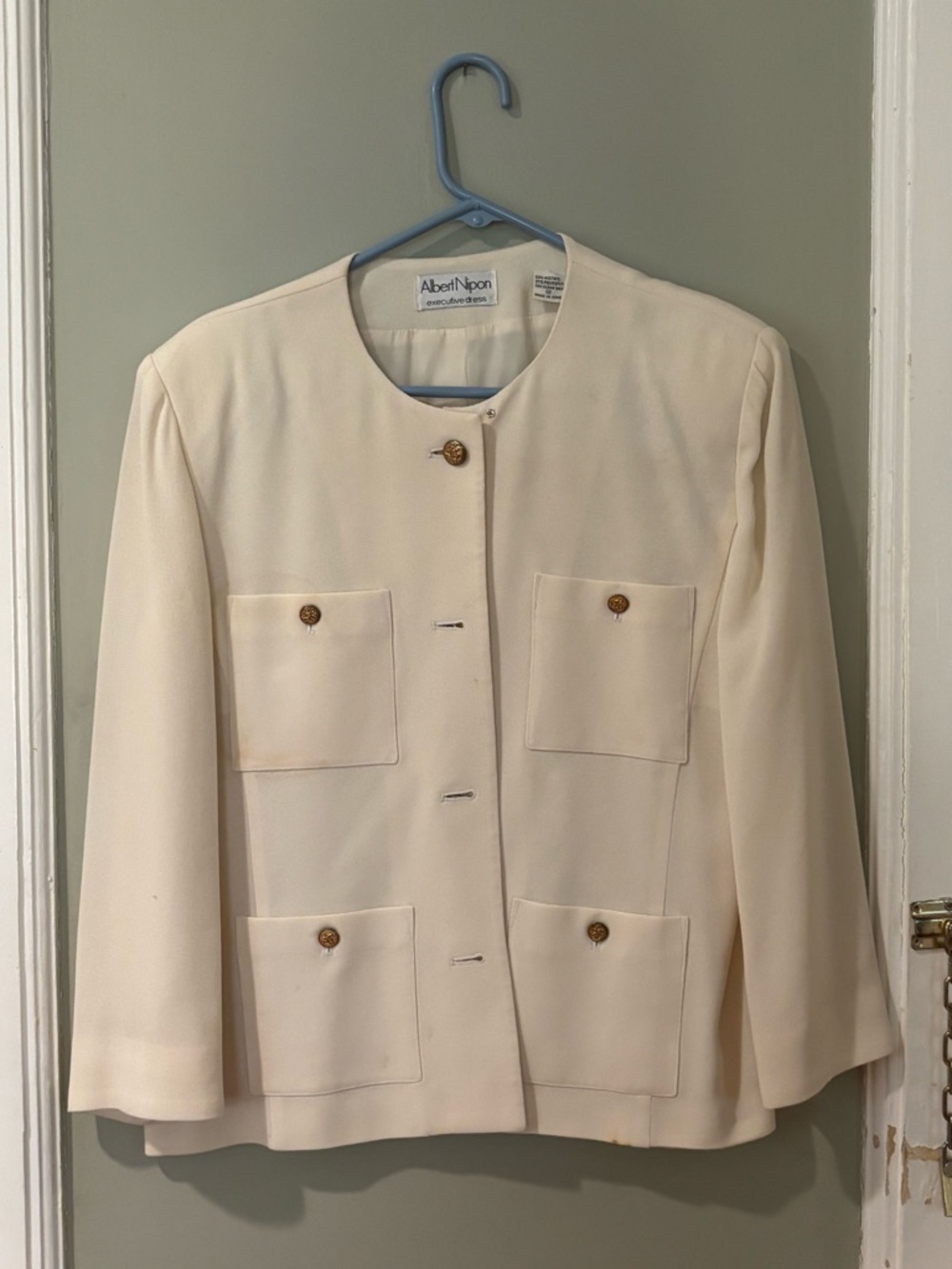 Albert Nipon Cream Collarless Four-Pocket Button Jacket